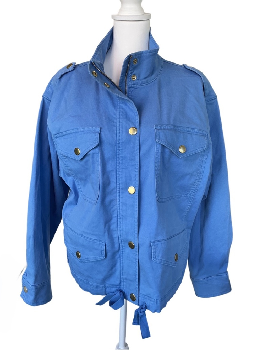 Talbots Blue Crop Utility Field Jacket with Snap Front, Gold Hardware Accents